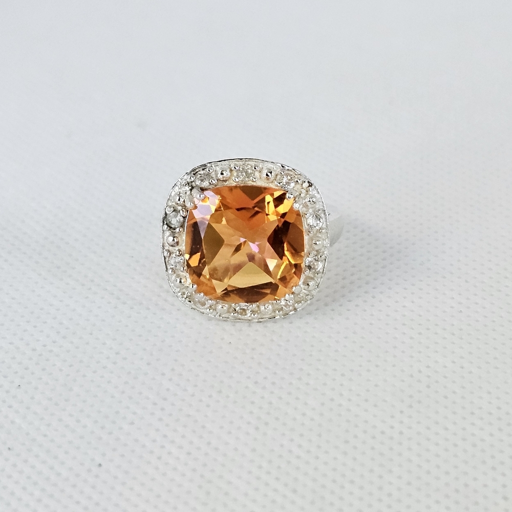 Vintage Sunset Quartz & White Topaz Ring Sterling Silver Size 7!